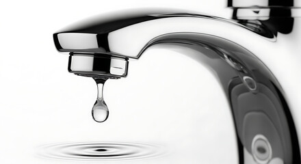A close-up shot of a modern chrome faucet with a single water droplet falling and creating subtle ripples, highlighting themes of water conservation and the potential for waste