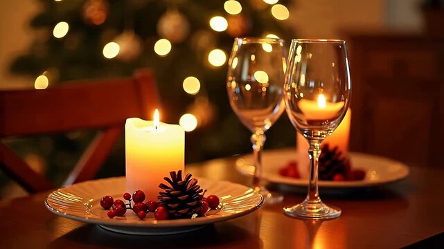 Candlelit table setting with Christmas tree