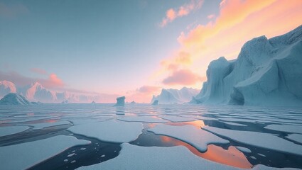 A large body of water surrounded by snow covered mountains