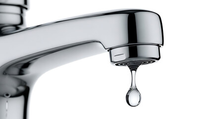 A single drop of precious water falls from a leaky modern chrome faucet, a powerful symbol of water waste, scarcity, and environmental conservation