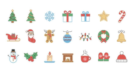 Fototapeta premium Collection of christmas themed icons including trees gifts and ornaments