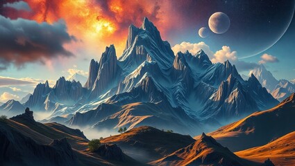 A mountain landscape with planets and clouds in the sky