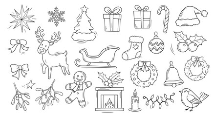 Illustration of christmas themed doodles including reindeer and gifts