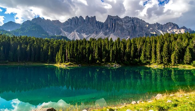 Serene alpine lake reflects a dense forest beneath jagged, snow-capped mountains under a cloudy sky