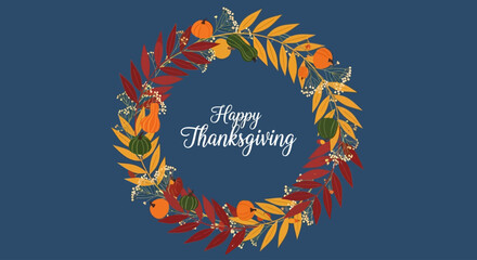 Happy Thanksgiving Floral Wreath on Blue Background