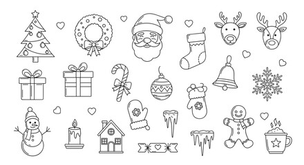 Outlined christmas themed drawings including santa and christmas tree