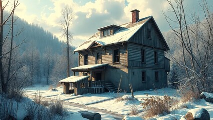 A house in the middle of a snowy forest