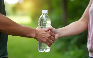 Close Up of an Anonymous Person Handing Over a Water Bottle to Another Person. Green Background in Nature. Outdoors Fourt Court Selling Drinks. Ecology, Healthcare and Hydration Concept. High quality