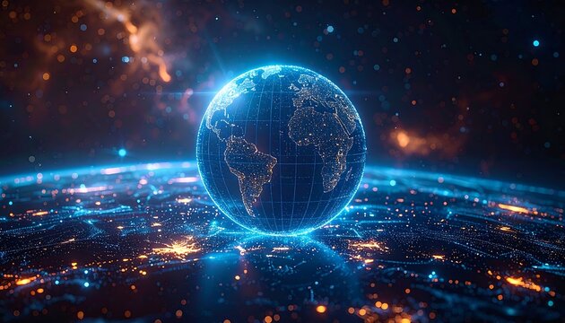 Glowing Earth hologram over a digital landscape, showing continents and city lights against a nebula backdrop - Powered by Adobe