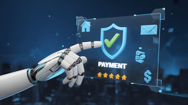 Cyber Payment Interface: A robotic hand interacts with a digital payment interface, highlighting a secure transaction with a green checkmark over a shield.