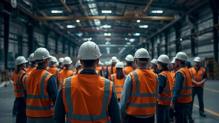 Large group of construction workers wearing safety vests and helmets gathered inside an industrial warehouse during a team briefing session - Powered by Adobe