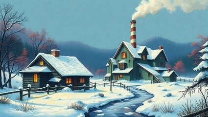 A painting of a snowy landscape with a house and a stream