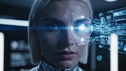 Sophisticated blonde woman in a silver suit interacts with a holographic interface, her glowing blue cybernetic eye scanning complex data in a high tech futuristic environment - Powered by Adobe