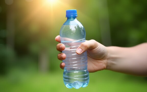 Close Up of an Anonymous Person Handing Over a Water Bottle to Another Person. Green Background in Nature. Outdoors Fourt Court Selling Drinks. Ecology, Healthcare and Hydration Concept. High quality - Powered by Adobe
