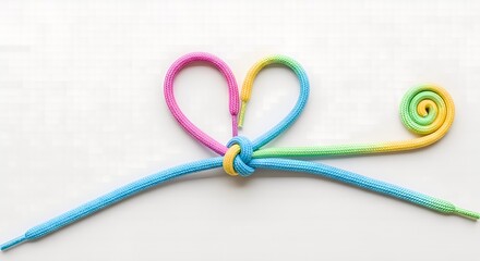 Colorful shoelace tied in a heart shape with a swirl on a white background.