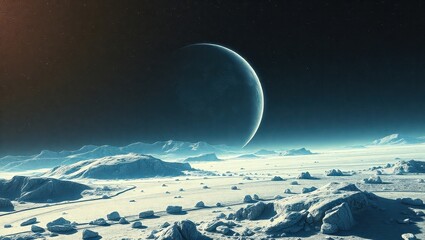 A view of a barren landscape with a moon in the distance