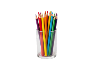 Assorted Colored Pencils In A Clear Glass Container On A Transparent Background Vibrant Hues Of Red Orange Yellow Green Blue And Purple Ready For Artistic Creation And Education