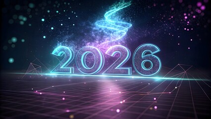 Neon 2026 numbers with swirling light particles on a digital grid Keywords: 2026, year, future, futuristic, grid, digital, technology, neon