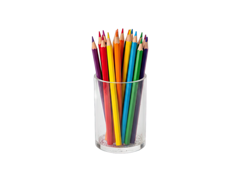 Assorted Colored Pencils In A Clear Glass Container On A Transparent Background Vibrant Hues Of Red Orange Yellow Green Blue And Purple Ready For Artistic Creation And Education
