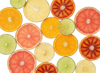 Assorted Citrus Fruit Slices Top Down View Freshly Cut Citrus Circles Oranges Grapefruits Limes Lemons on Black Background
