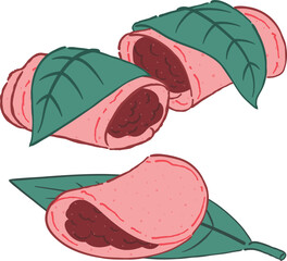 Sakura mochi roll with cherry leaf illustration