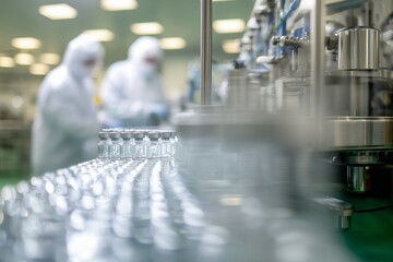 Pharmaceutical Vaccine Production in Modern Laboratory. Automated laboratory innovations in pharmaceutical manufacturing cleanroom biotechnology enhancements. High quality