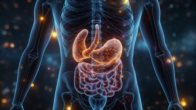 Anatomical Illustration of Human Digestive System with Glowing Elements and Blurred Background