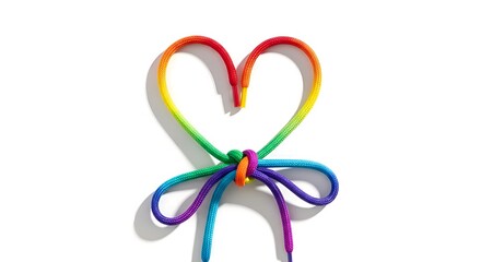 Rainbow heart made from colorful shoelaces on a white background, love concept.