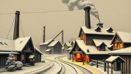 A painting of a snowy town with a train track in the foreground