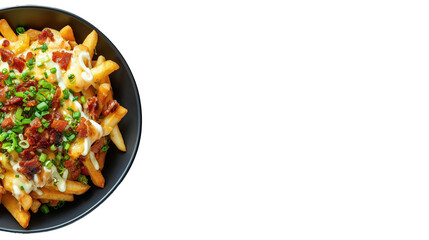 Gourmet Loaded Fries: A tempting bowl of golden, crispy fries, lavishly topped with melted cheese, savory bacon bits, and vibrant green chives, a culinary delight.