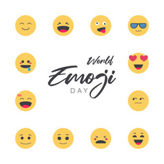 Minimalist World Emoji Day illustration featuring various expressive emojis arranged in a circular layout around elegant typography. A clean and cheerful design perfect for posters, banners, digital