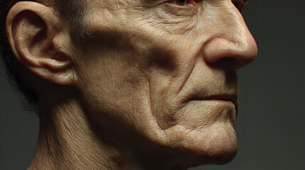 Close up portrait of mature man face showing wrinkles and aged skin texture. Concept for dermatology, anti-aging, and skin care problems.