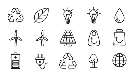 Line art icons representing renewable energy resources and environmental sustainability