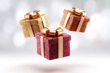 Gift Box Trio: Three glittering gift boxes, each wrapped with a silken bow, float delicately against a soft, blurred backdrop, suggesting a celebration of giving.