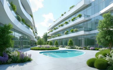 Healthcare facility with sustainable water and waste management systems, green design, eco-friendly healthcare. High quality