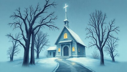 A painting of a church in the middle of a snowy field