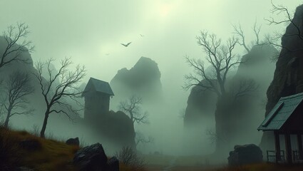 A foggy landscape with a small house in the middle of it