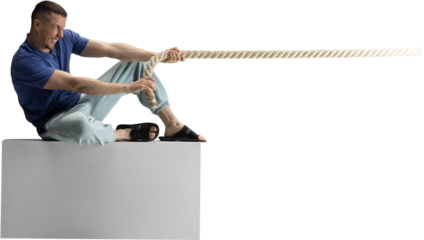 Man sitting on block pulling heavy rope with intense emotional effort on transparent background. Concept of struggle, determination, business pressure, teamwork metaphors and motivational visuals.