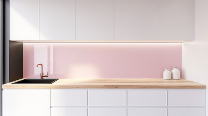 Modern Kitchen Interior with Pink Tile Backsplash
Bright Minimalist Kitchen Design with Colorful Tiles