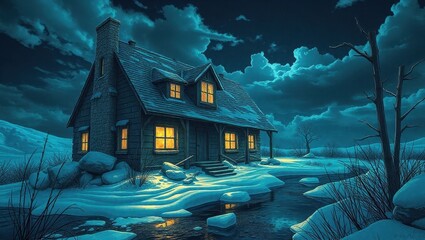 A house in the middle of a snowy landscape at night