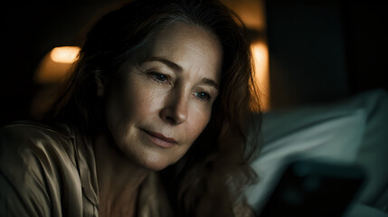 Close-up of caucasian woman in bed using smartphone at night, featuring wrinkles and signs of aging on skin. Skincare problem concept.