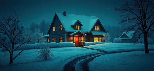 A house in the middle of a snowy landscape at night