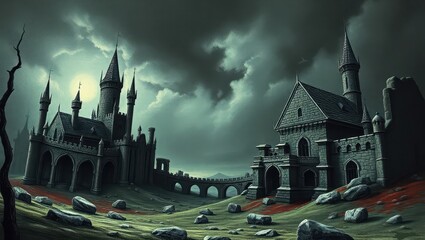 A castle in the middle of a dark sky with a full moon