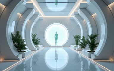 Sleek and modern futuristic wellness center utilizing cutting edge AI powered technology to provide sustainable and innovative healthcare solutions for the future. High quality