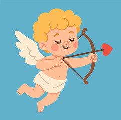 Cupid cartoon character illustration for Valentines day. Vector clipart. Cute little archery angel