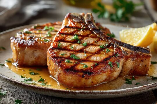 Grilled bone-in pork chops on a rustic plate with herb garnish and lemon