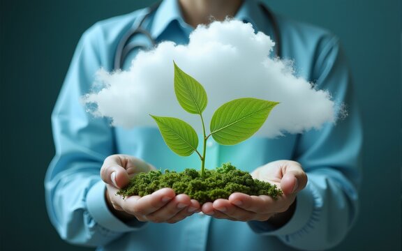 Photo realistic Cloud based healthcare management for sustainability concept with green technology and efficient resource use. High quality
