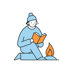 Flat vector illustration of a person sitting by the fire reading on a winter evening Vector with white background