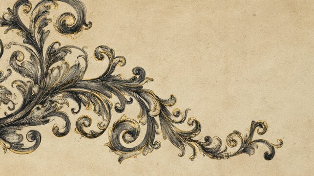 Hand-drawn filigree swirl borders featuring flowing spirals on parchment background