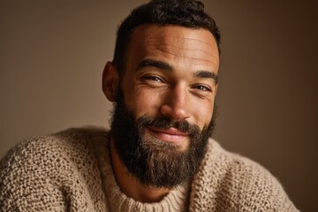 Obraz premium Handsome man with a well-groomed beard in a relaxed studio portrait, friendly smile and natural lighting